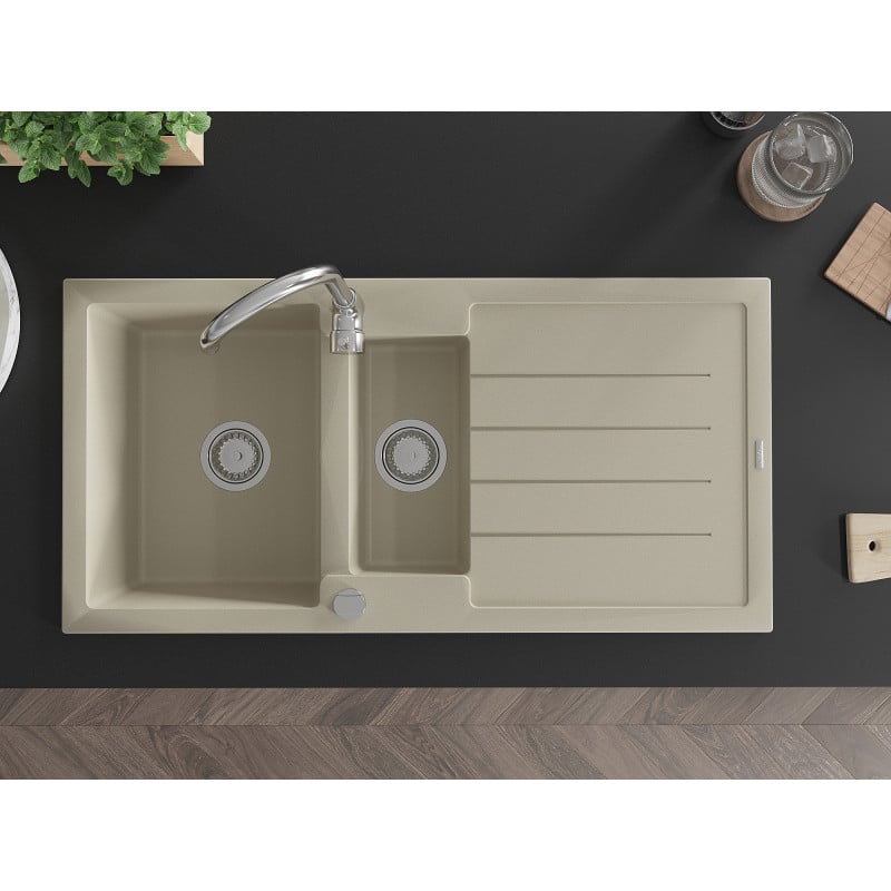 Mexen Andres 1.5-bowl granite sink with drainer 1000 x 500 mm, beige, chrome siphon - 6515101510-69