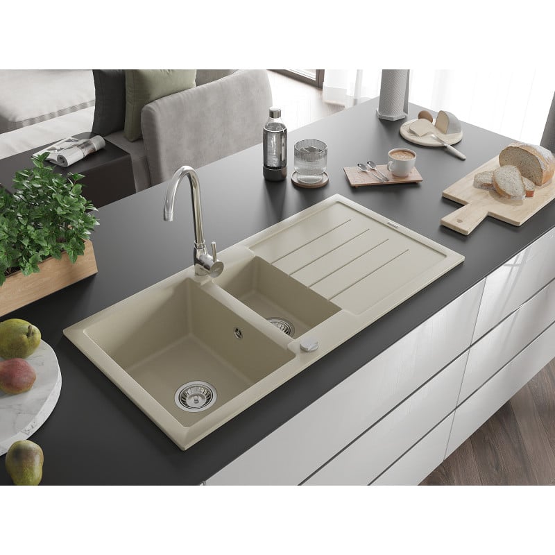Mexen Andres 1.5-bowl granite sink with drainer 1000 x 500 mm, beige, chrome siphon - 6515101510-69