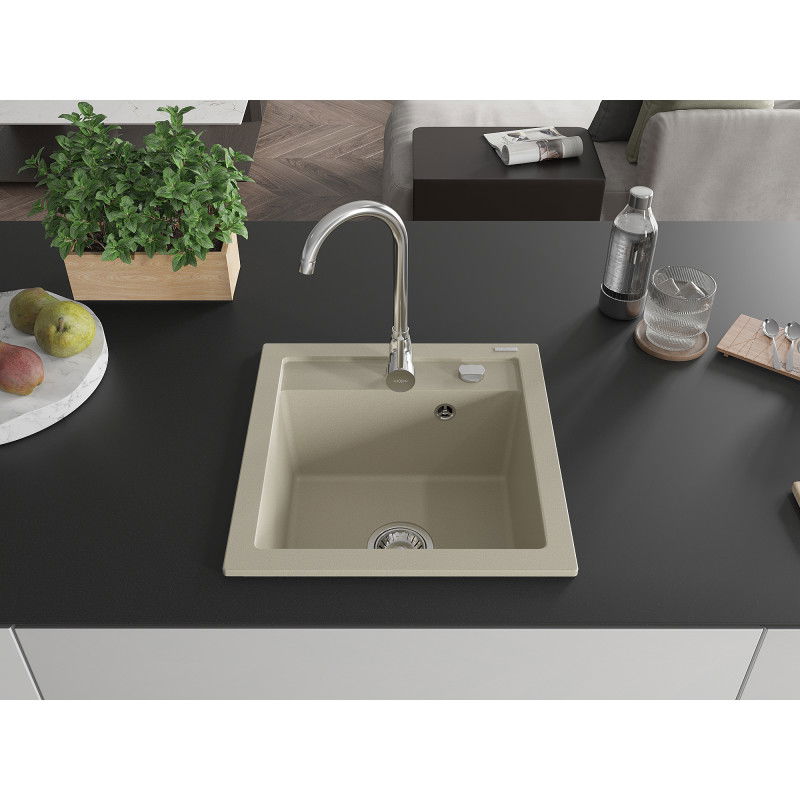 Mexen Vito granite sink 1-bowl 520 x 490 mm, beige, chrome siphon - 6503521000-69