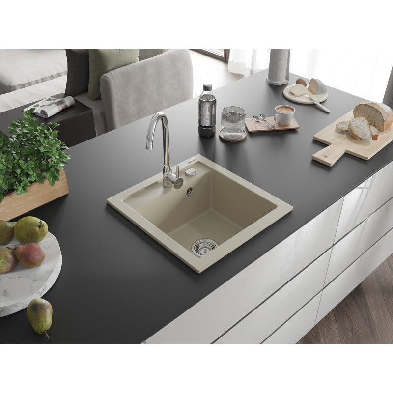 Mexen Vito granite sink 1-chamber 520 x 490 mm, beige, chrome siphon - 6503521000-69