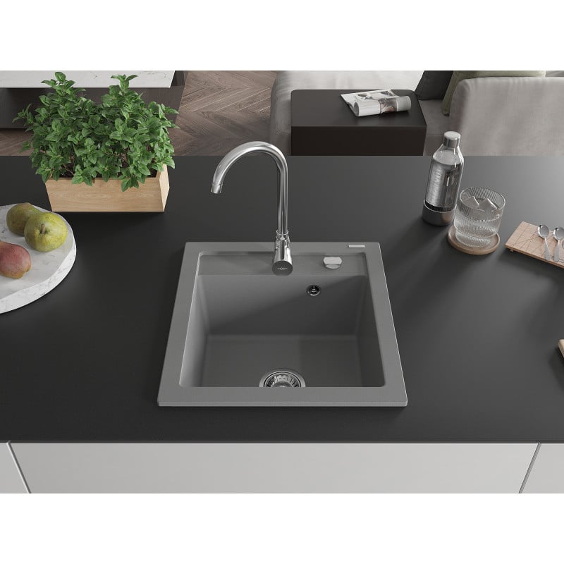 Mexen Vito granite sink 1-bowl 520 x 490 mm, gray, chrome siphon - 6503521000-71