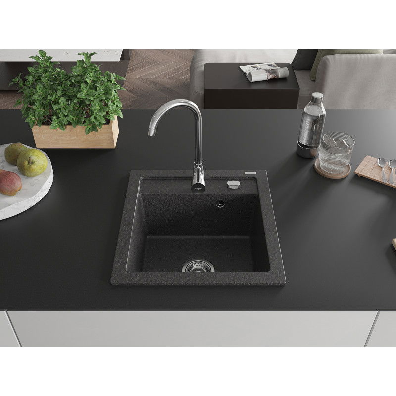 Mexen Vito Granite Sink 1-Bowl 520 x 490 mm, Black Speckled, Chrome Siphon - 6503521000-76