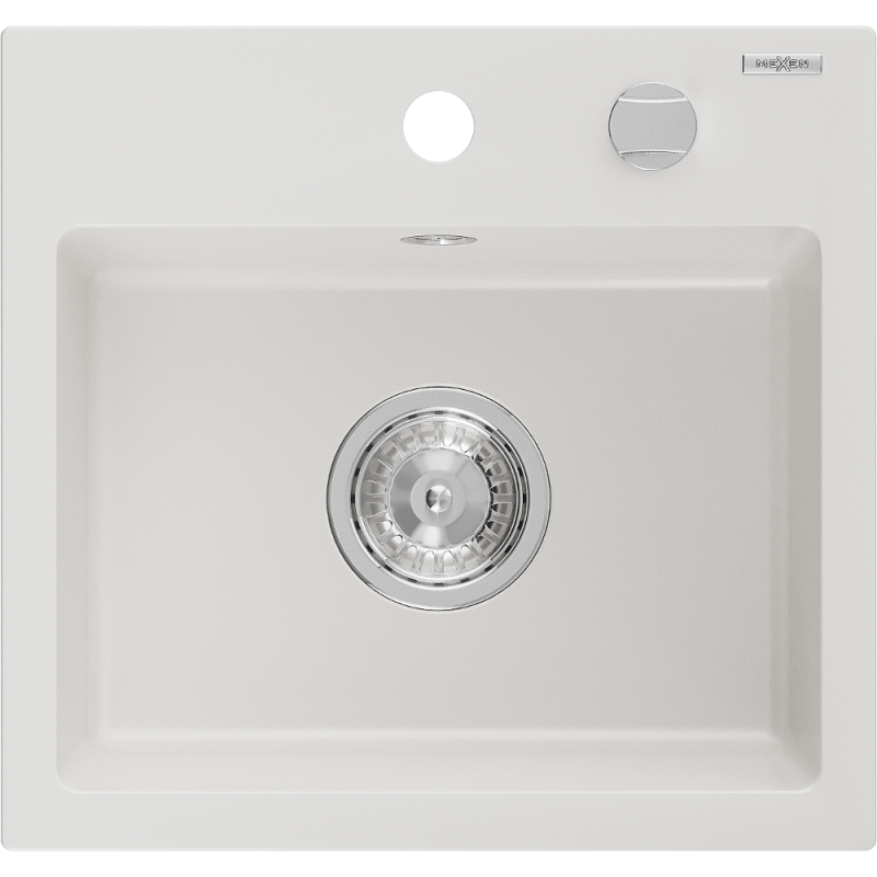 Mexen Milo single-bowl granite sink 435 x 410 mm, white, chrome siphon - 6505441000-20