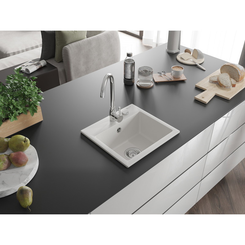 Mexen Milo single-bowl granite sink 435 x 410 mm, white, chrome siphon - 6505441000-20