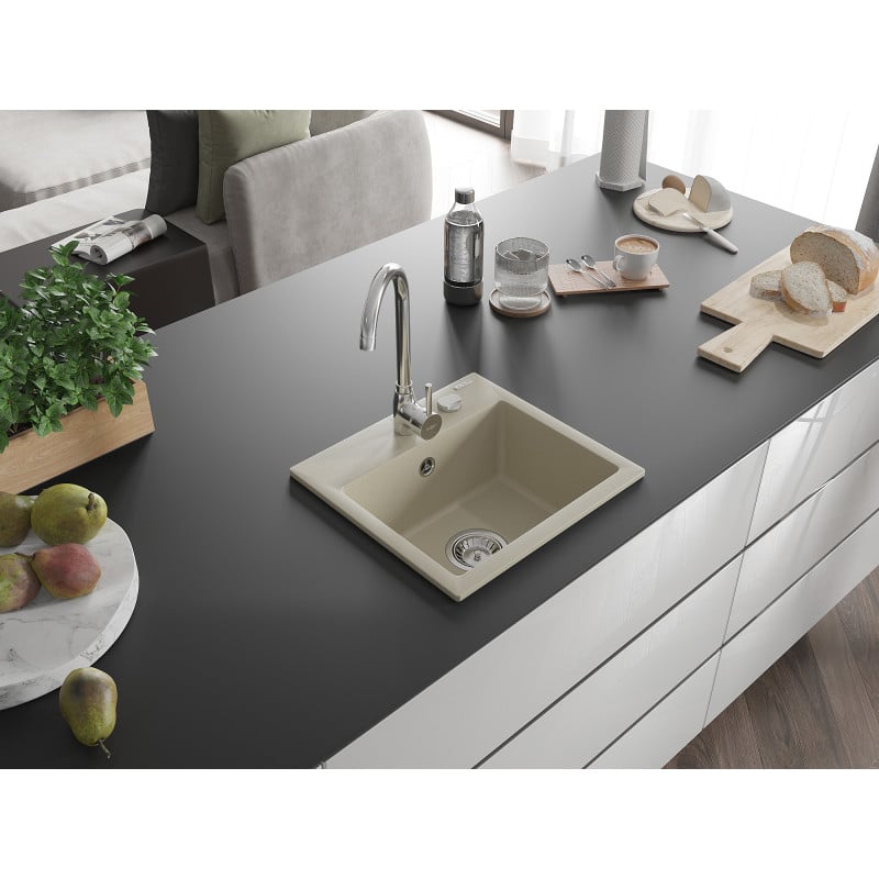 Mexen Milo granite sink 1-bowl 435 x 410 mm, beige, chrome siphon - 6505441000-69
