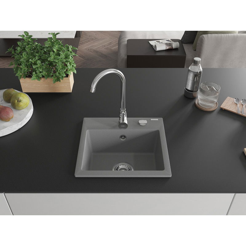 Mexen Milo 1-bowl Granite Sink 435 x 410 mm, Grey, Chrome Siphon - 6505441000-71