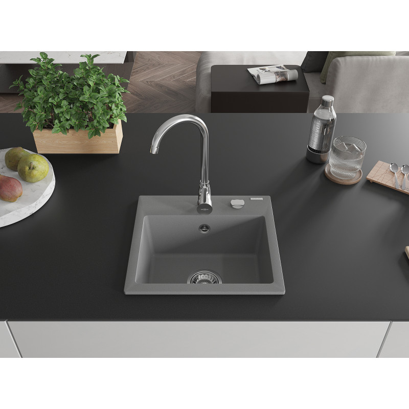 Mexen Milo granite sink 1-bowl 435 x 410 mm, gray, chrome siphon - 6505441000-71