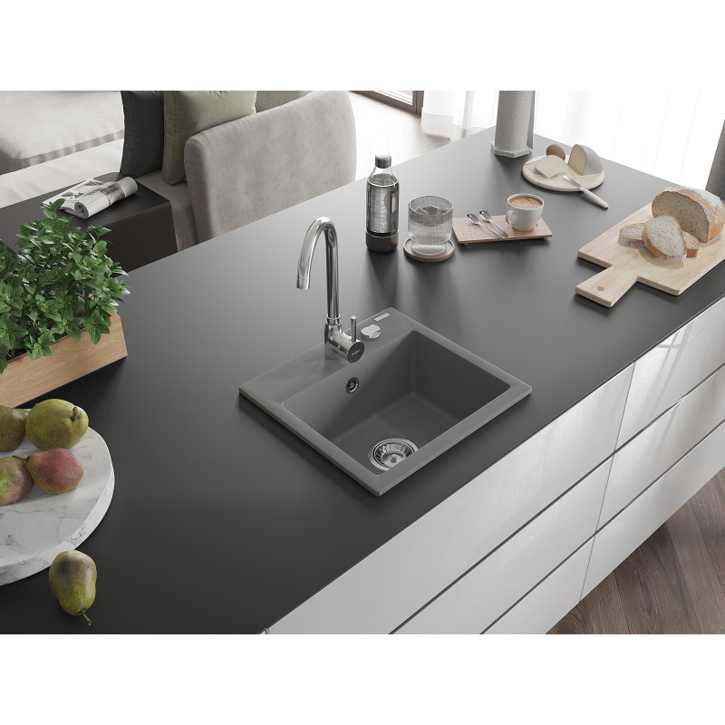 Mexen Milo granite sink 1-bowl 435 x 410 mm, gray, chrome siphon - 6505441000-71