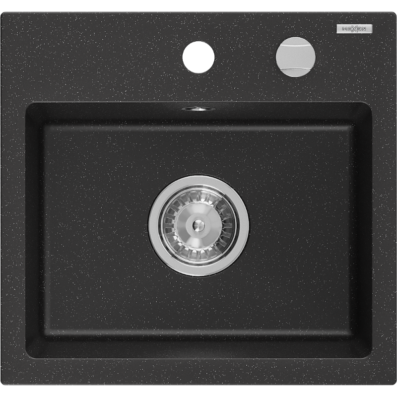 Mexen Milo granite kitchen sink 1-bowl 435 x 410 mm, black/silver metallic, chrome siphon - 6505441000-73