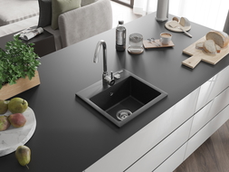 Mexen Milo granite kitchen sink 1-bowl 435 x 410 mm, black/silver metallic, chrome siphon - 6505441000-73