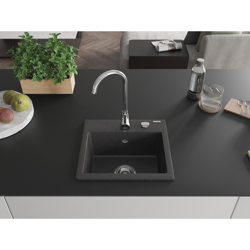 Mexen Milo single-bowl granite sink 435 x 410 mm, black speckled, chrome siphon - 6505441000-76