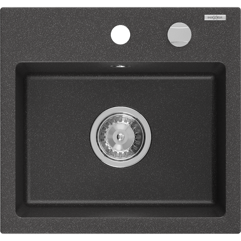 Mexen Milo single-bowl granite sink 435 x 410 mm, black speckled, chrome siphon - 6505441000-76