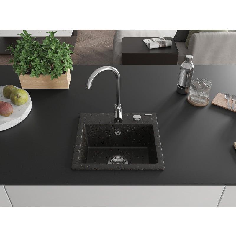 Mexen Milo 1-bowl Granite Sink 435 x 410 mm, Black/Gold Metallic, Chrome Siphon - 6505441000-75