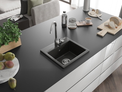 Mexen Milo 1-bowl Granite Sink 435 x 410 mm, Black/Gold Metallic, Chrome Siphon - 6505441000-75