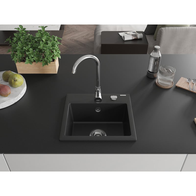 Mexen Milo Granite Sink 1-Bowl 435 x 410 mm, Black, Chrome Siphon - 6505441000-77