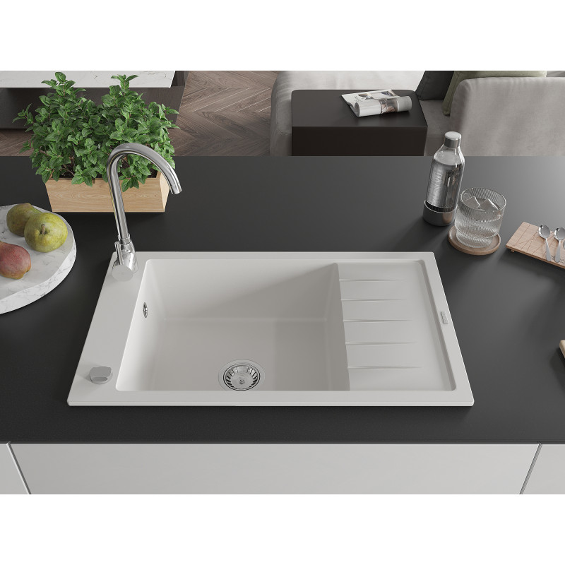 Mexen Elias 1-bowl granite kitchen sink with drainer 795 x 480 mm, white, chrome siphon - 6511791005-20
