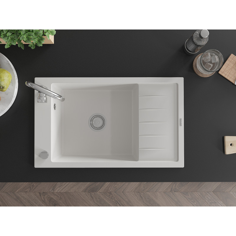 Mexen Elias 1-bowl granite kitchen sink with drainer 795 x 480 mm, white, chrome siphon - 6511791005-20