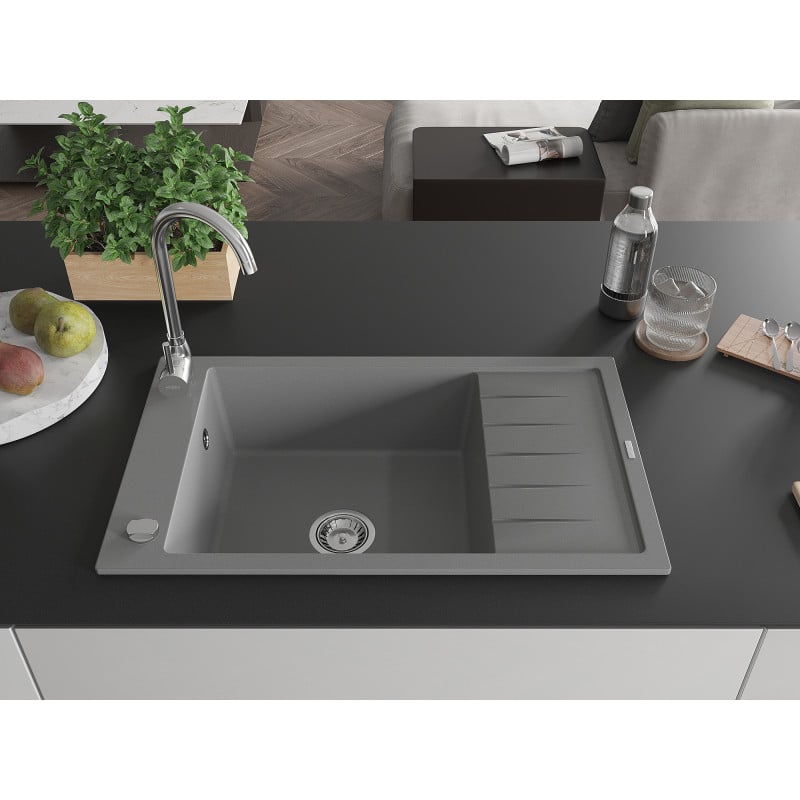 Mexen Elias granite kitchen sink 1-bowl with drainer 795 x 480 mm, gray, chrome siphon - 6511791005-71