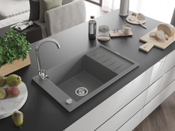 Mexen Elias granite kitchen sink 1-bowl with drainer 795 x 480 mm, gray, chrome siphon - 6511791005-71