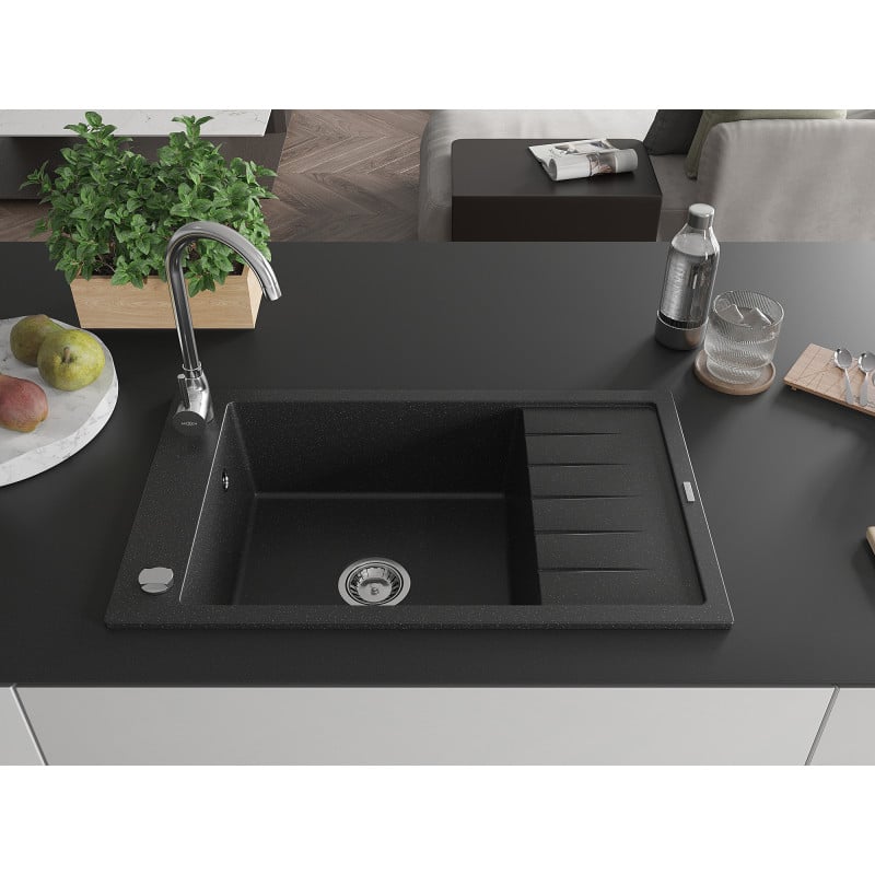 Mexen Elias granite sink 1-bowl with drainer 795 x 480 mm, black/silver metallic, chrome siphon - 6511791005-73