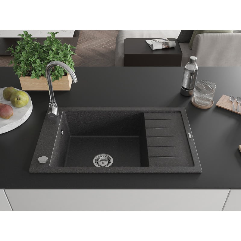 Mexen Elias granite kitchen sink 1-bowl with drainer 795 x 480 mm, black speckled, chrome siphon - 6511791005-76
