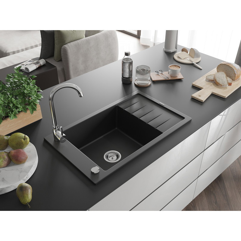 Mexen Elias granite kitchen sink 1-bowl with drainer 795 x 480 mm, black, chrome siphon - 6511791005-77