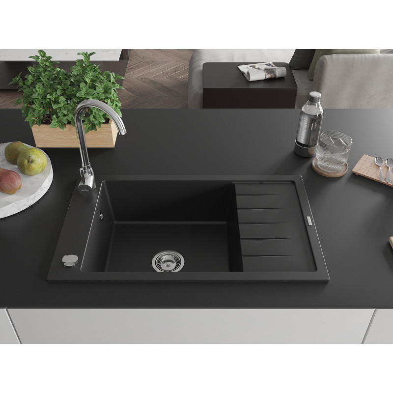 Mexen Elias granite kitchen sink 1-bowl with drainer 795 x 480 mm, black, chrome siphon - 6511791005-77