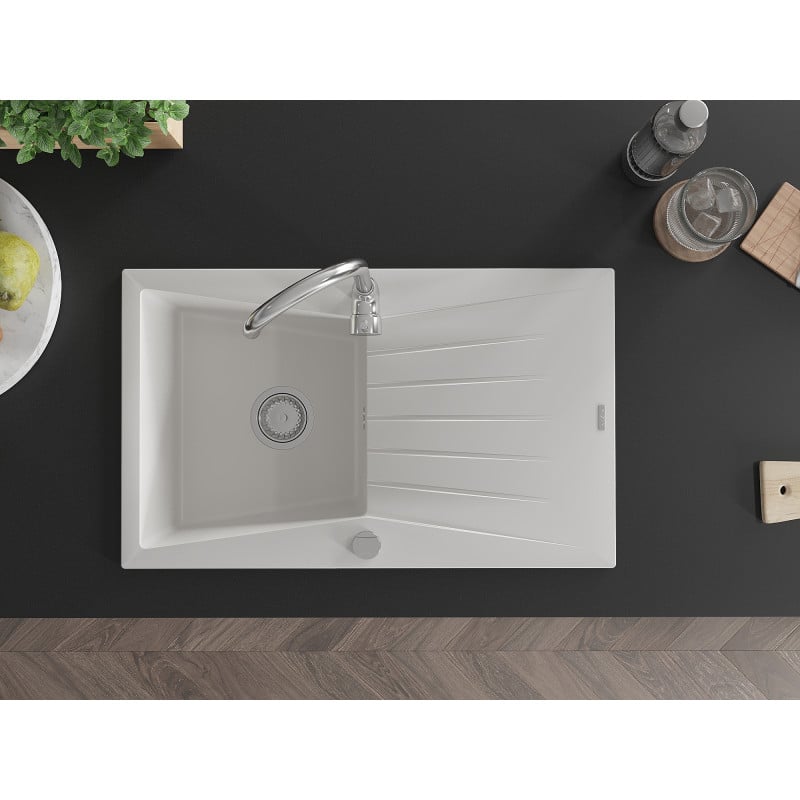 Mexen Cesar 1-bowl granite sink with drainer 775 x 470 mm, white, chrome siphon - 6514771010-20