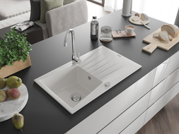 Mexen Cesar 1-bowl granite sink with drainer 775 x 470 mm, white, chrome siphon - 6514771010-20