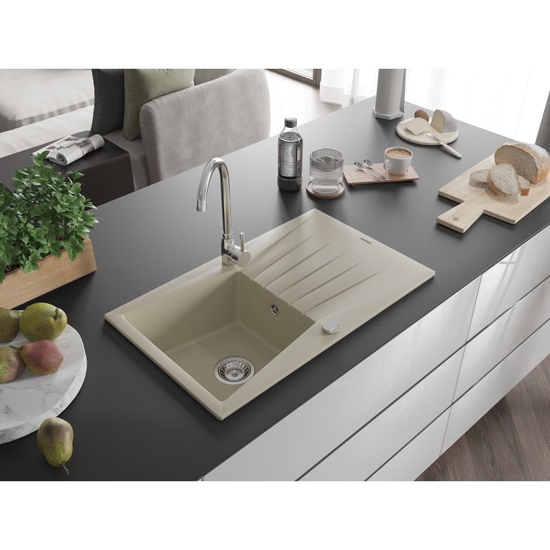 Mexen Cesar 1-Bowl Granite Sink with Drainer 775 x 470 mm, Beige, Chrome Siphon - 6514771010-69