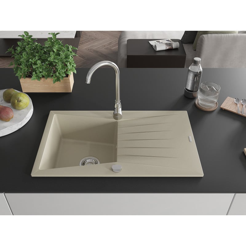 Mexen Cesar 1-Bowl Granite Sink with Drainer 775 x 470 mm, Beige, Chrome Siphon - 6514771010-69