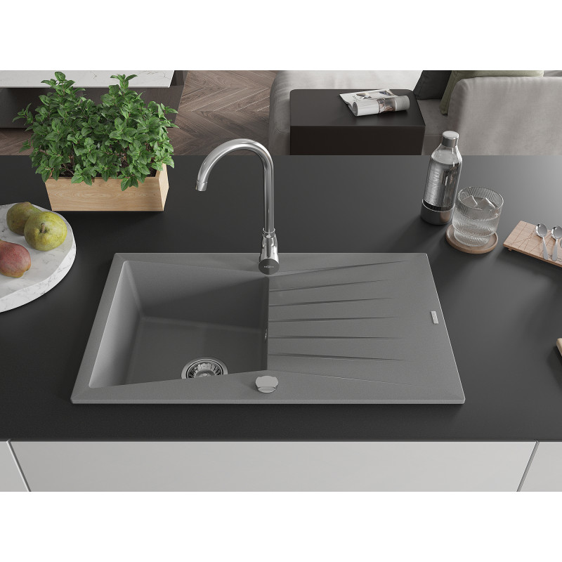 Mexen Cesar 1-Bowl Granite Sink with Drainer 775 x 470 mm, Gray, Chrome Siphon - 6514771010-71