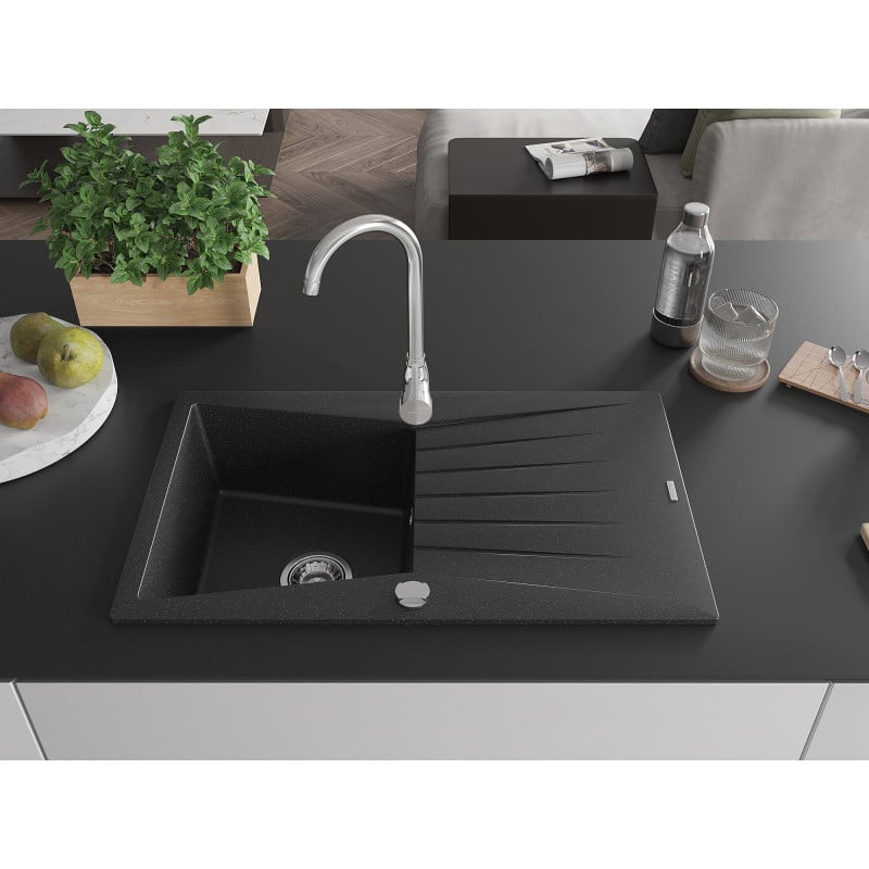 Mexen Cesar granite kitchen sink 1-bowl with drainer 775 x 470 mm, black/silver metallic, chrome siphon - 6514771010-73