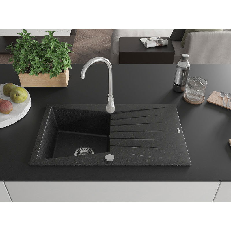 Mexen Cesar granite sink 1-bowl with drainer 775 x 470 mm, black/silver metallic, chrome siphon - 6514771010-73