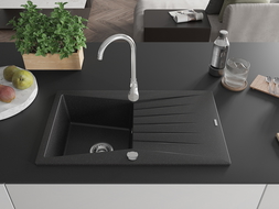 Mexen Cesar 1-compartment granite sink with a drip tray 775 x 470 mm, Black/Silver metalik - 6514771010-73