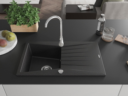 Mexen Cesar granite sink 1-bowl with drainer 775 x 470 mm, black/silver metallic, chrome siphon - 6514771010-73