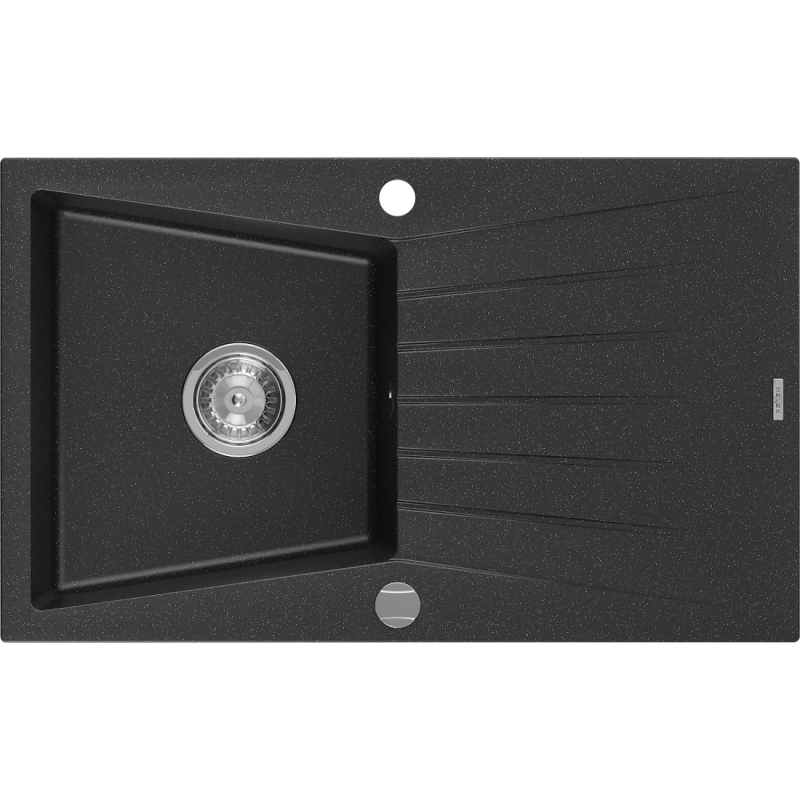 Mexen Cesar granite kitchen sink 1-bowl with drainer 775 x 470 mm, black/silver metallic, chrome siphon - 6514771010-73