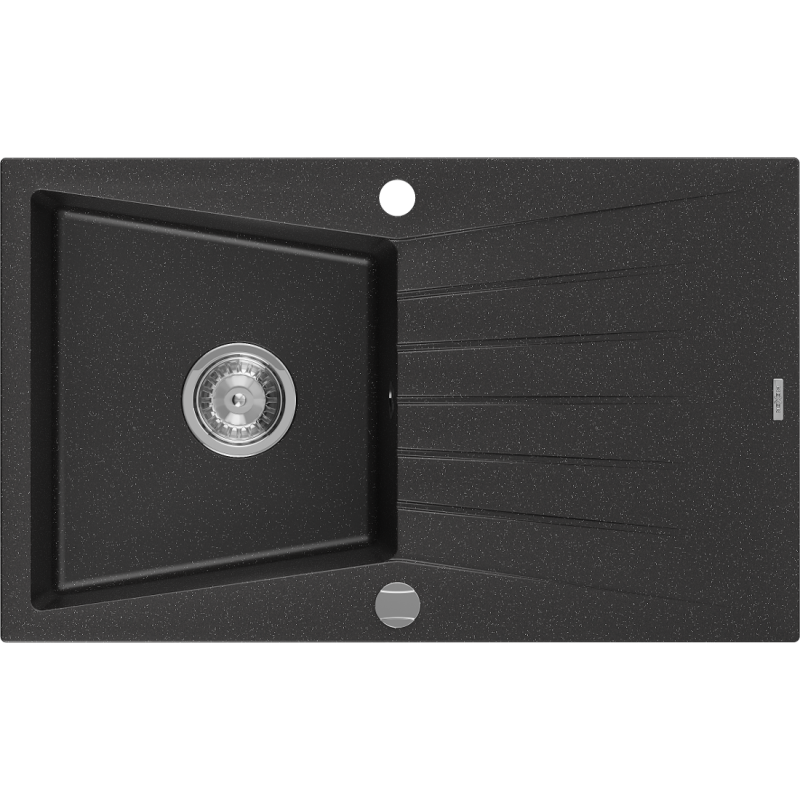 Mexen Cesar granite sink 1-bowl with drainer 775 x 470 mm, black/silver metallic, chrome siphon - 6514771010-73