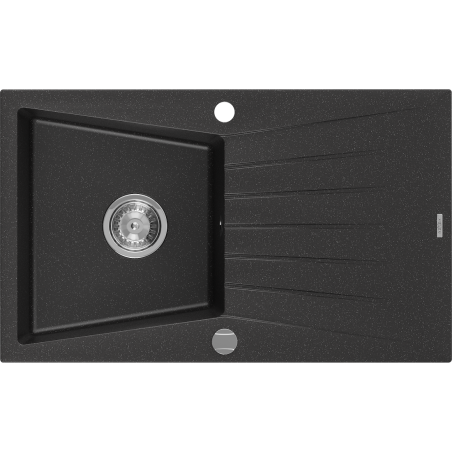 Mexen Cesar granite sink 1-bowl with drainer 775 x 470 mm, black/silver metallic, chrome siphon - 6514771010-73