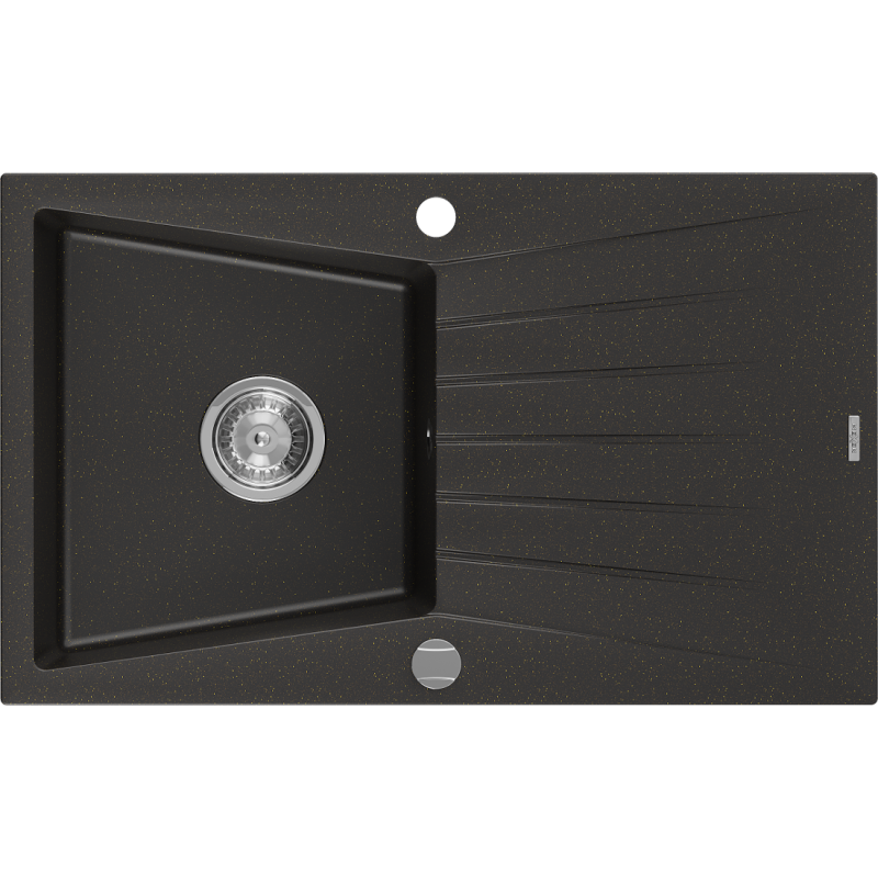 Mexen Cesar granite kitchen sink 1-bowl with drainer 775 x 470 mm, black/gold metallic, chrome siphon - 6514771010-75