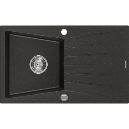 Mexen Cesar granite sink 1-bowl with drainer 775 x 470 mm, black/golden metallic, chrome siphon - 6514771010-75