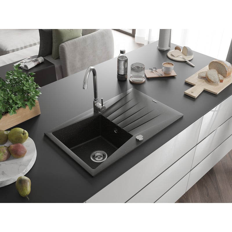 Mexen Cesar granite kitchen sink 1-bowl with drainer 775 x 470 mm, black/gold metallic, chrome siphon - 6514771010-75