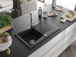 Mexen Cesar granite kitchen sink 1-bowl with drainer 775 x 470 mm, black/gold metallic, chrome siphon - 6514771010-75