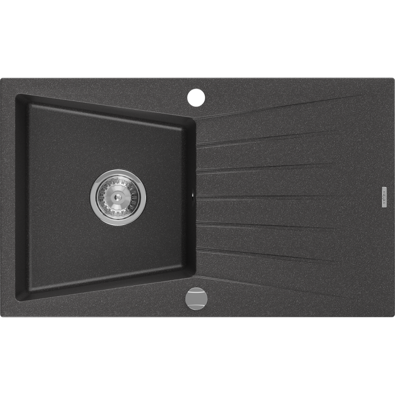 Mexen Cesar granite sink single-bowl with drainer 775 x 470 mm, black speckled, chrome siphon - 6514771010-76
