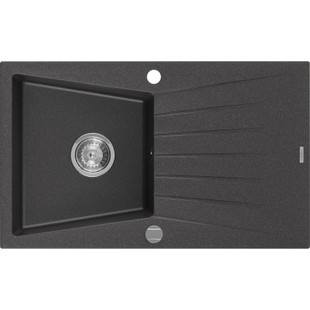 Mexen Cesar granite sink single-bowl with drainer 775 x 470 mm, black speckled, chrome siphon - 6514771010-76