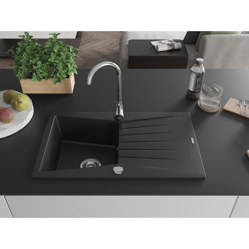 Mexen Cesar granite kitchen sink 1-bowl with drainer 775 x 470 mm, black, chrome siphon - 6514771010-77