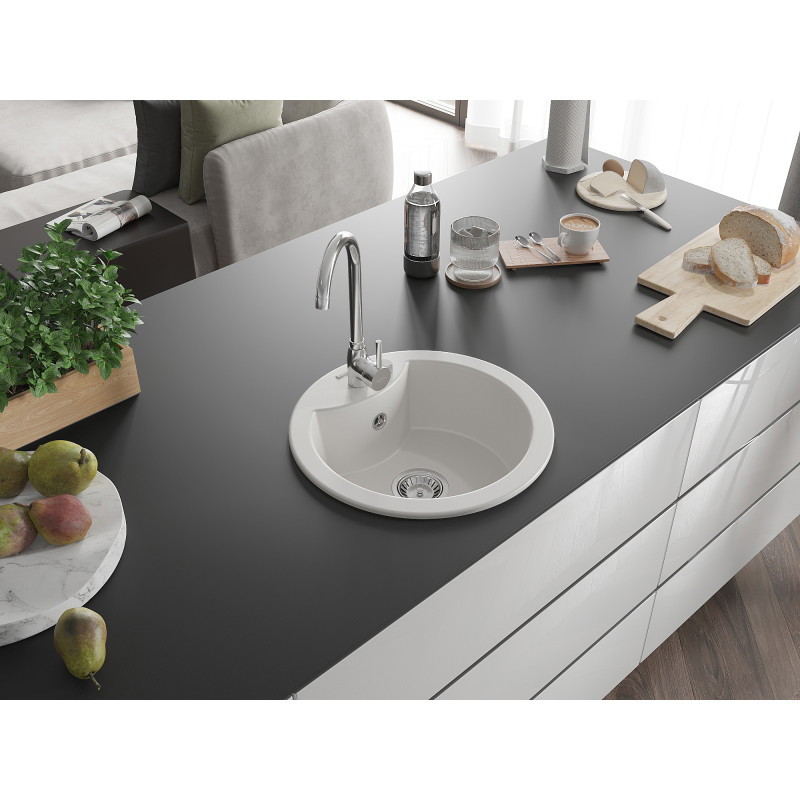 Mexen Diego granite sink 1-bowl 488 x 480 mm, white, chrome siphon - 6512481000-20