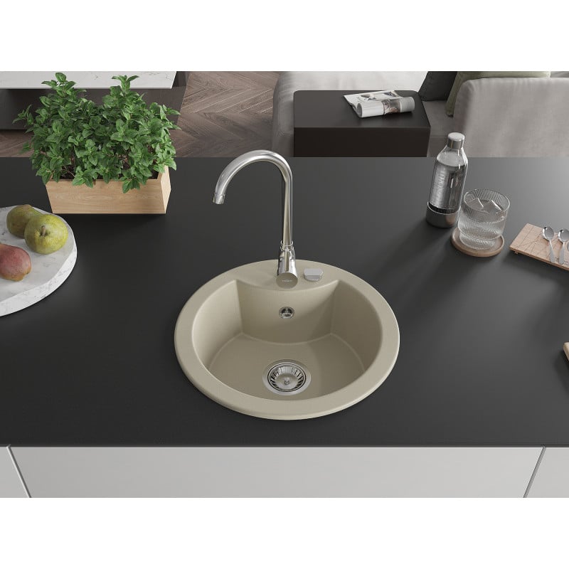 Mexen Diego granite sink 1-bowl 488 x 480 mm, beige, chrome siphon - 6512481000-69