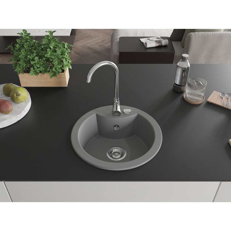 Mexen Diego granite sink 1-bowl 488 x 480 mm, gray, chrome siphon - 6512481000-71