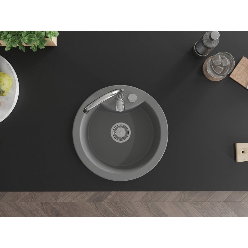 Mexen Diego granite sink 1-bowl 488 x 480 mm, gray, chrome siphon - 6512481000-71
